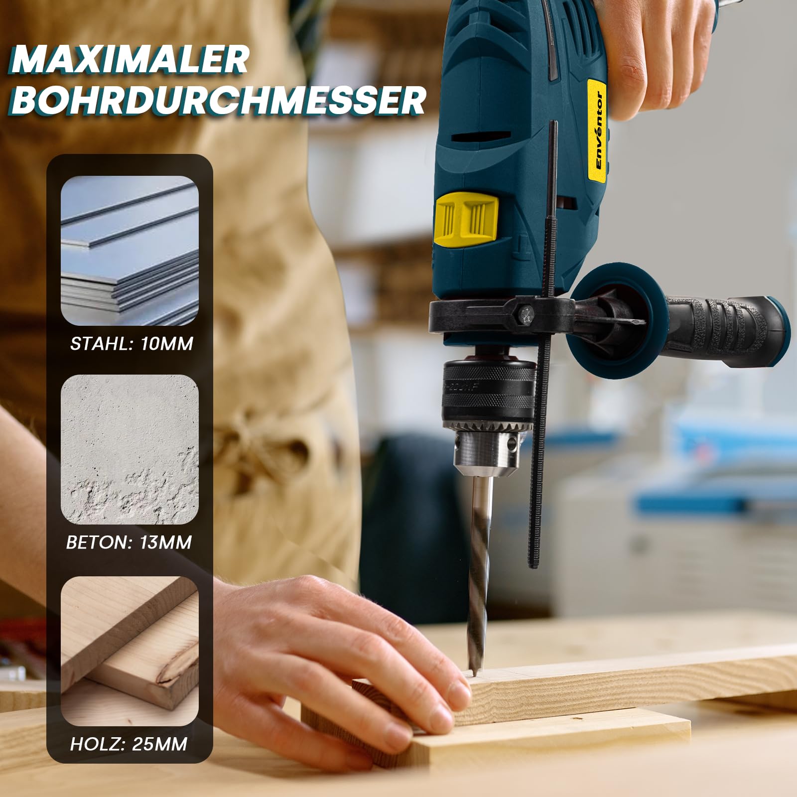 ENVENTOR 900W Schlagbohrmaschine, Elektrische Bohrmaschine mit 36 Stück Zubehör, 2-in-1 Funktion, 0–3000 RPM, 360° Zusatzgriff, 13mm Bohrfutter, für Beton, Metall und Holz