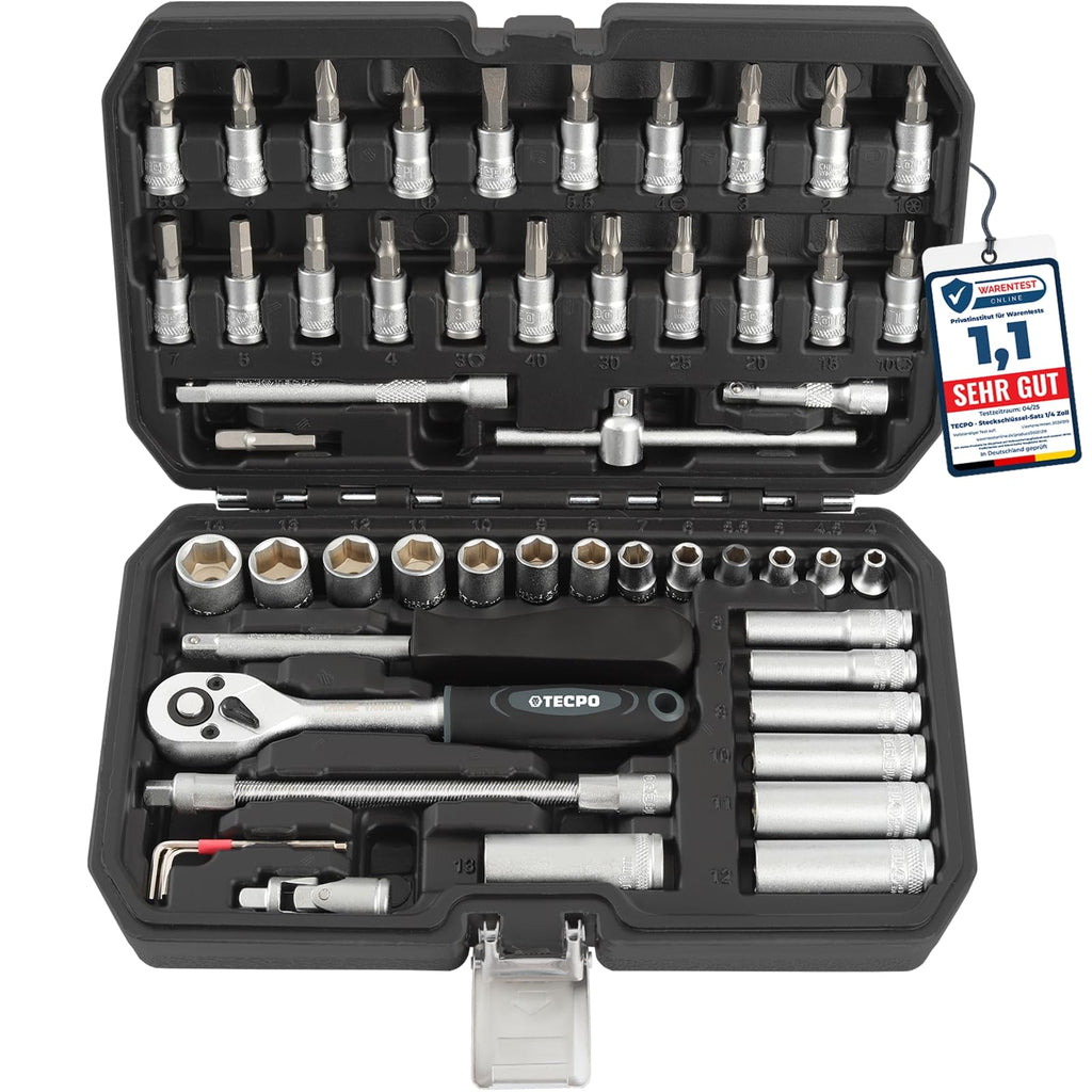 TECPO Steckschlüssel-Satz 1/4 Zoll, 53-tlg, Hebelumschaltknarre, Verlängerungen, für Torx-, Kreuz-, Schlitz- & Innensechskant-Schrauben, Chrom-Vanadium-Stahl, Steckschlüssel-Einsätze, Nuss-Set, Nüsse