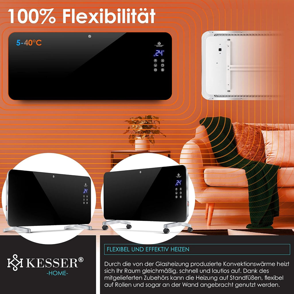 Kesser® Elektro Glasheizung Konvektor Elektroheizung Heizung Heizkörper (Schwarz)