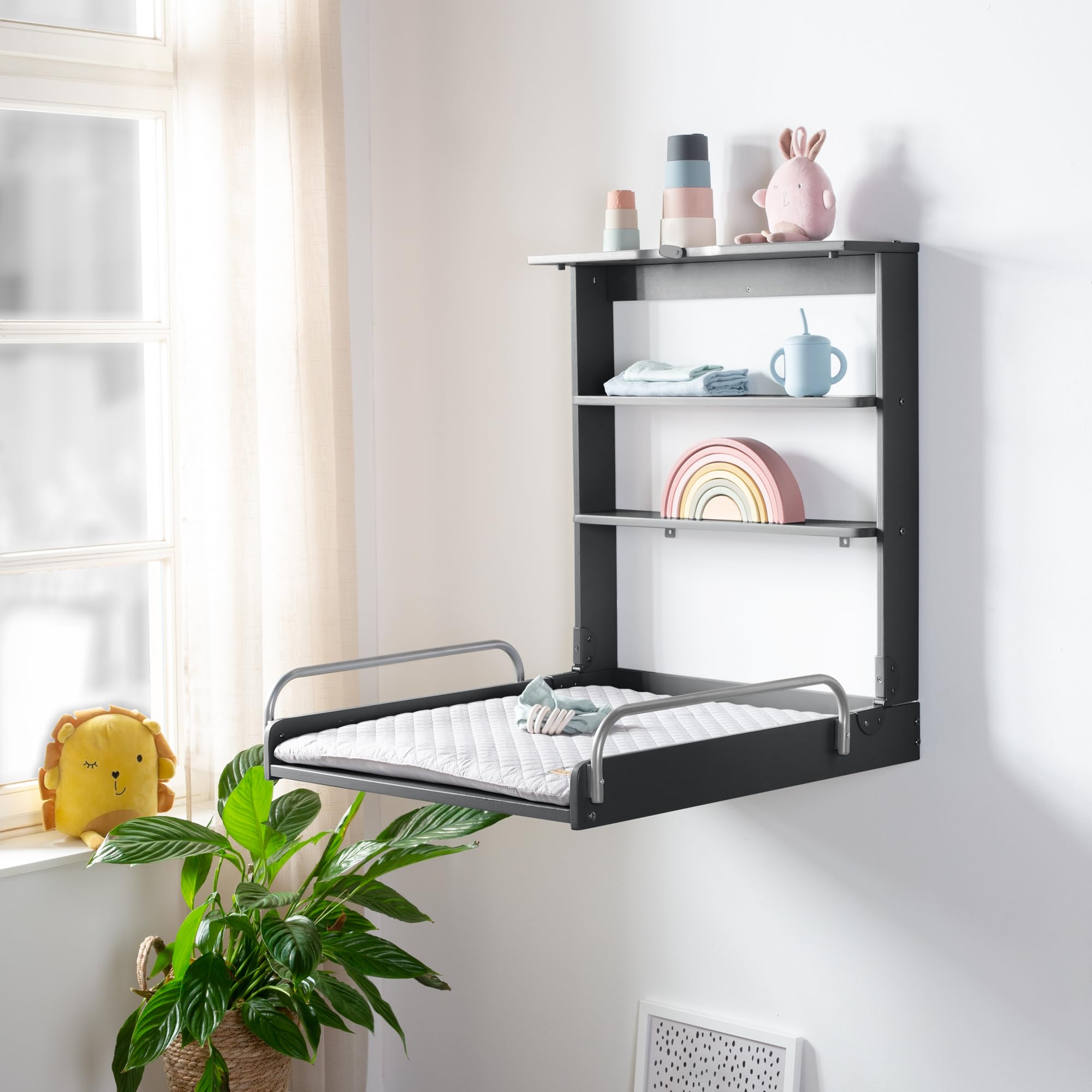 roba Wandwickelregal + Wickelauflage roba Style grau - Klappbar & platzsparendes Wickelregal zur Wandmontage - Wickeltisch mit 2 Ablagefächer - Holz anthrazit