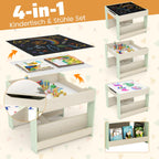 COSTWAY Kindertisch mit 2 Stühlen, 3 teilige Kindersitzgruppe aus Holz mit wendbarer Tischplatte, Bücherregalen & Aufbewahrungsboxen, 4 in 1 Kinder Maltisch mit Stauraum für ab 3 Jahren (Grün)