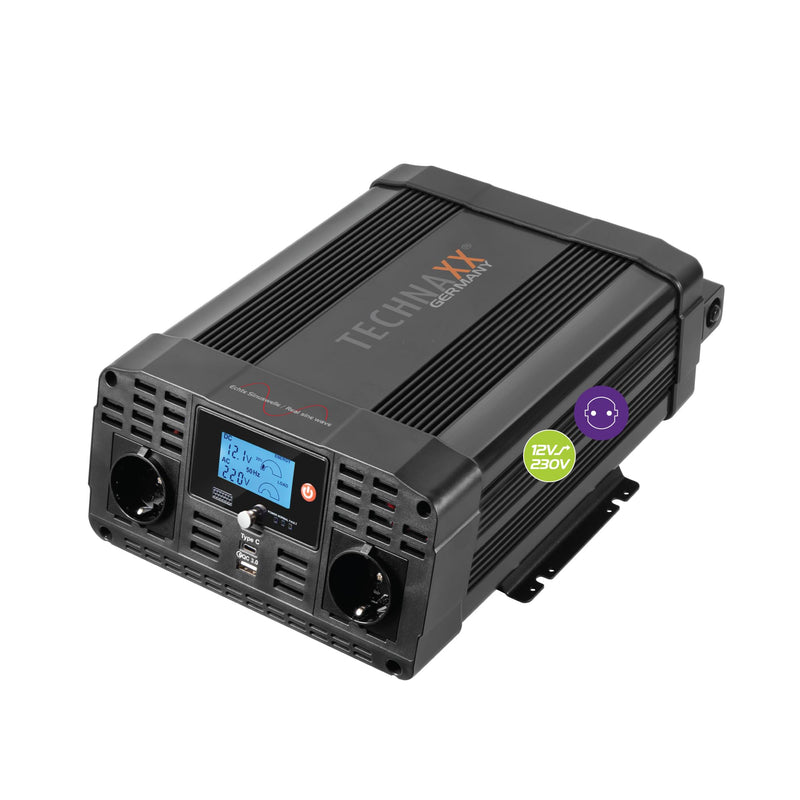 Technaxx KFZ Wechselrichter 12V auf 230V Reiner Sinus 3000W/6000W –TÜV-zertifizierter Auto Spannungswandler mit LC-Display, 2X Schuko&USB-A QC 3.0 + USB-C – Inverter für Wohnmobil, Camping, Boot–TE23