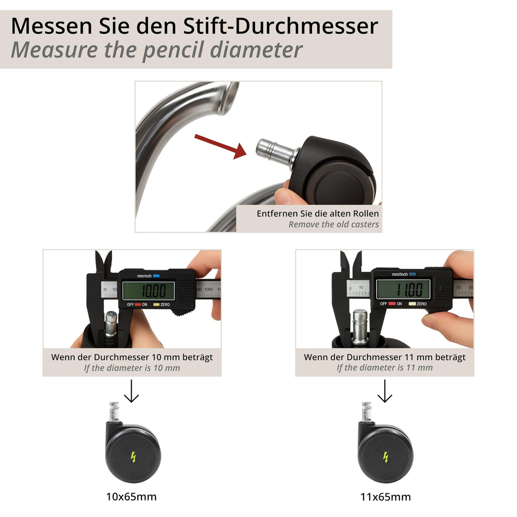 hjh OFFICE 619046 5x Elektrisch leitfähige Rollen 11x65 mm Bürostuhl Rollen für harte Böden | Vermeidung von statischer Aufladung