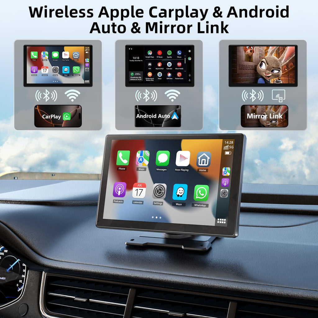 Wireless Carplay Display für Carplay & Android Auto, 9 Zoll Tragbarers Android Auto Display Car Play Bildschirm mit Rückfahrkamera, GPS Navigation, Sprachsteuerung, Bluetooth, Mirror Link, FM, AUX