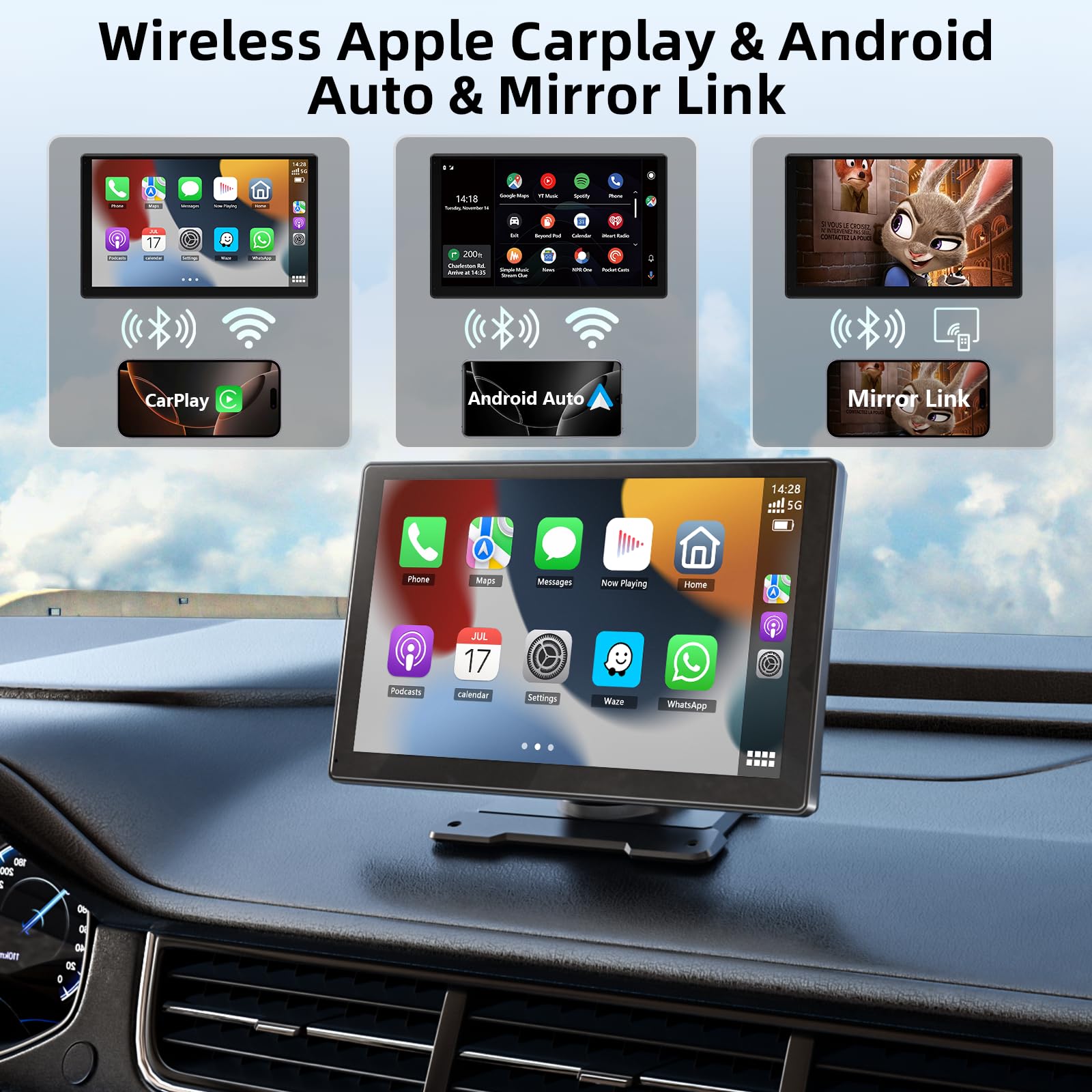 Wireless Carplay Display für Carplay & Android Auto, 9 Zoll Tragbarers Android Auto Display Car Play Bildschirm mit Rückfahrkamera, GPS Navigation, Sprachsteuerung, Bluetooth, Mirror Link, FM, AUX