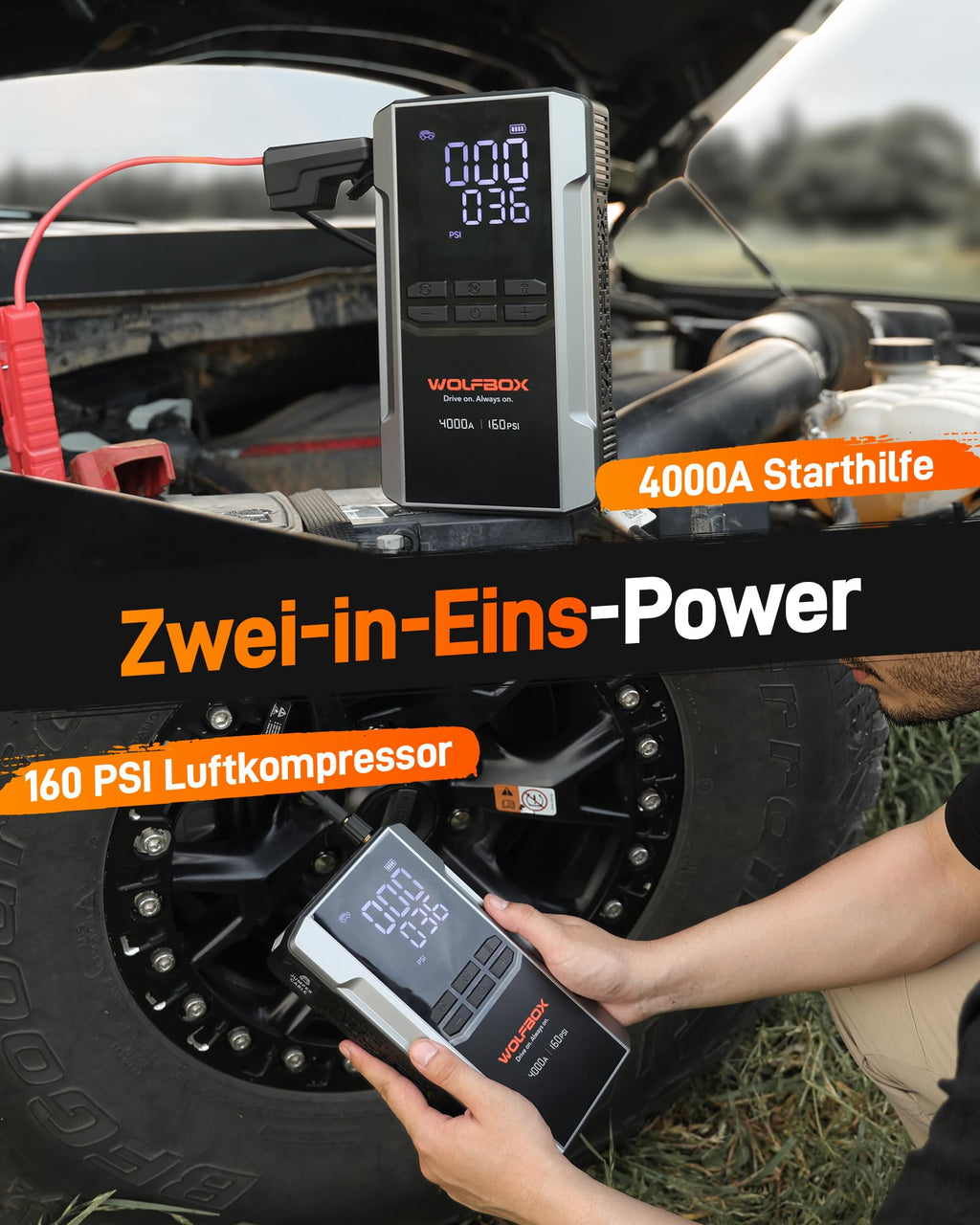 WOLFBOX 4000A Starthilfe mit 160PSI Kompressor, 12V Batterie-Booster, 65W Schnellladung, 88.8Wh Reifenfüller, LED-Anzeige für 10L Benzin-/Dieselmotoren, LED-Licht, Starthilfekabel