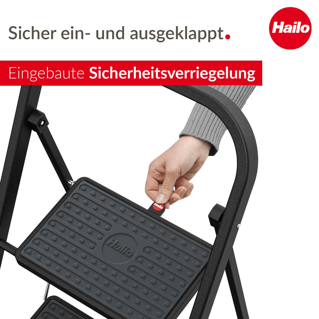 Hailo K44 StandardLine Klapptritt - 2-stufige Trittleiter aus Stahl mit großen Stufen und Anti-Rutsch-Matten - Arbeitshöhe bis 2,46 m - Gewicht: 4,8 kg - Schwarz
