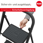 Hailo K44 StandardLine Klapptritt - 2-stufige Trittleiter aus Stahl mit großen Stufen und Anti-Rutsch-Matten - Arbeitshöhe bis 2,46 m - Gewicht: 4,8 kg - Schwarz