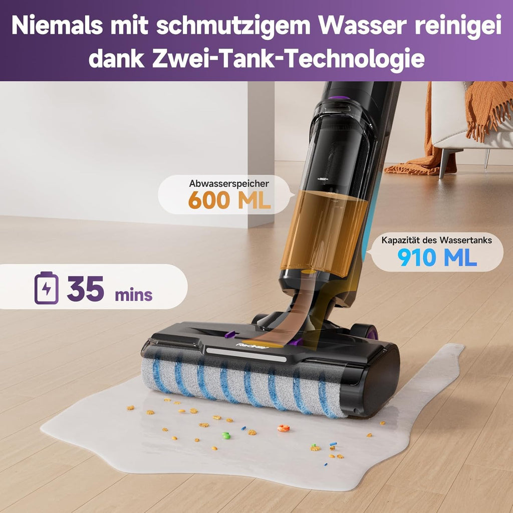 Redkey W15 Nass Trockensauger Akku,Selbstreinigender Mopp-Staubsauger,Kantenreinigung 6 mm,Dual-Wassertank-Unterstützung, 3 Reinigungsmodi,LED Spracherinnerung Geeignet für Hartböden,Selbstreinigung