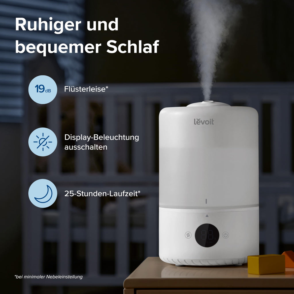 Levoit 19dB leise Top-Fill Luftbefeuchter, Smart Humidifier für Schlafzimmer, Baby, Luftfeuchtigkeit Sensor, Raumbefeuchter mit 360°Drehdüse für Kinderzimmer, Pflanzen, 3 L, Cremeweiß