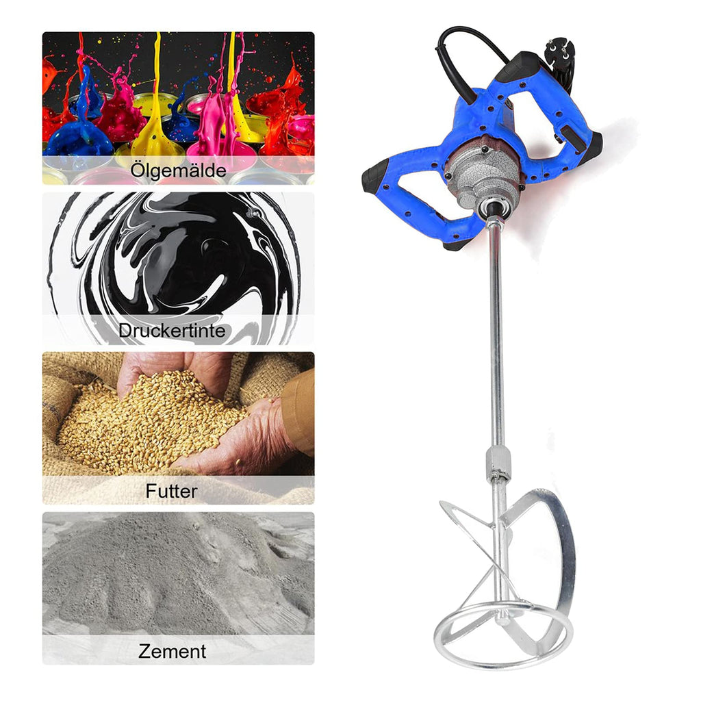 2600W Rührwerk betonrührer, 6-Gang-Getriebe 0-1700U/min, M14 Spiralstange 60cm, Farb-Mörtelrührer Ø 120mm, Handmischer für Mischgut Beton, Mörtel, Putz, Farbe, Kleber und Zement