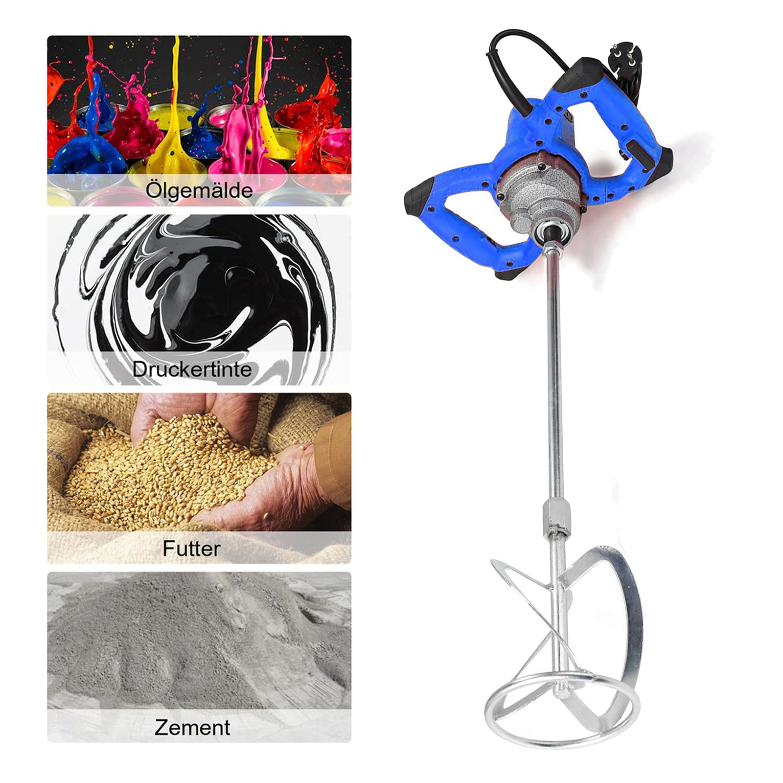 2600W Rührwerk betonrührer, 6-Gang-Getriebe 0-1700U/min, M14 Spiralstange 60cm, Farb-Mörtelrührer Ø 120mm, Handmischer für Mischgut Beton, Mörtel, Putz, Farbe, Kleber und Zement
