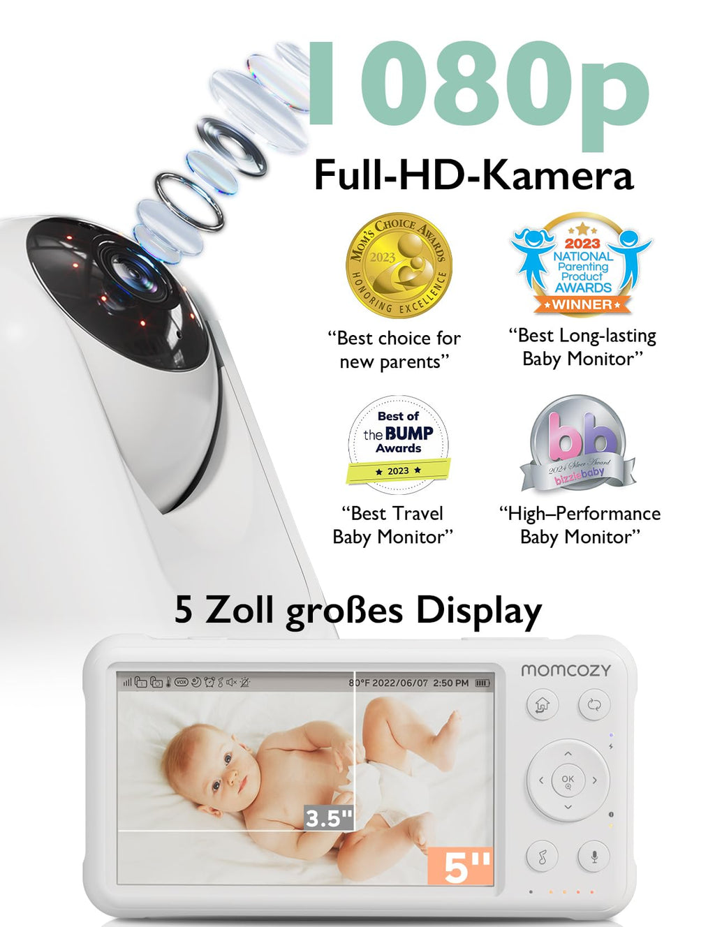 Momcozy Babyphone mit Kamera 5 Zoll 1080P HD-Video Babyphone ohne WLAN mit Kamera und Audio 5000 mAh Akku Babyphone, IR-Nachtsicht Weitwinkelobjektiv 2-Wege-Audio Vox-Modus 960 Fuß Reichweite