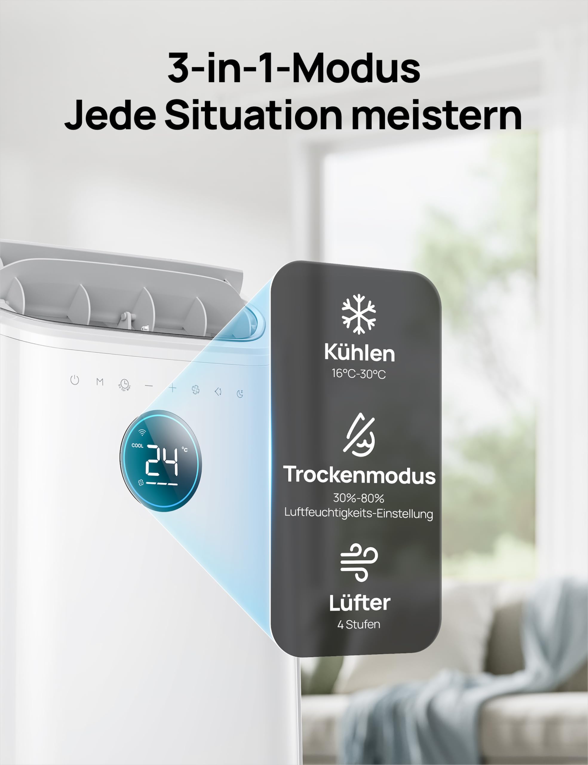 Dreo Tragbare Klimaanlagen, 10.000 BTU AC Einheit für Schlafzimmer mit Drainagefreier Kühlung, APP/Stimme/Fernbedienung, 24h Timer mit Ventilator & Luftentfeuchter, AC515S