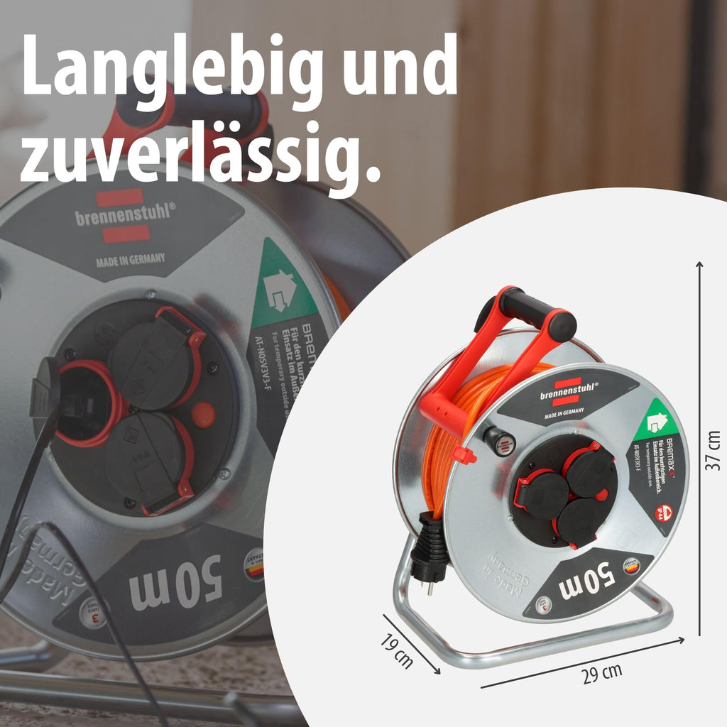 Brennenstuhl Garant S V2 IP44 Kabeltrommel 50m outdoor (Made in Germany, Kabel in Signalfarbe orange, Stahlblech, kurzfristiger Einsatz im Außenbereich)