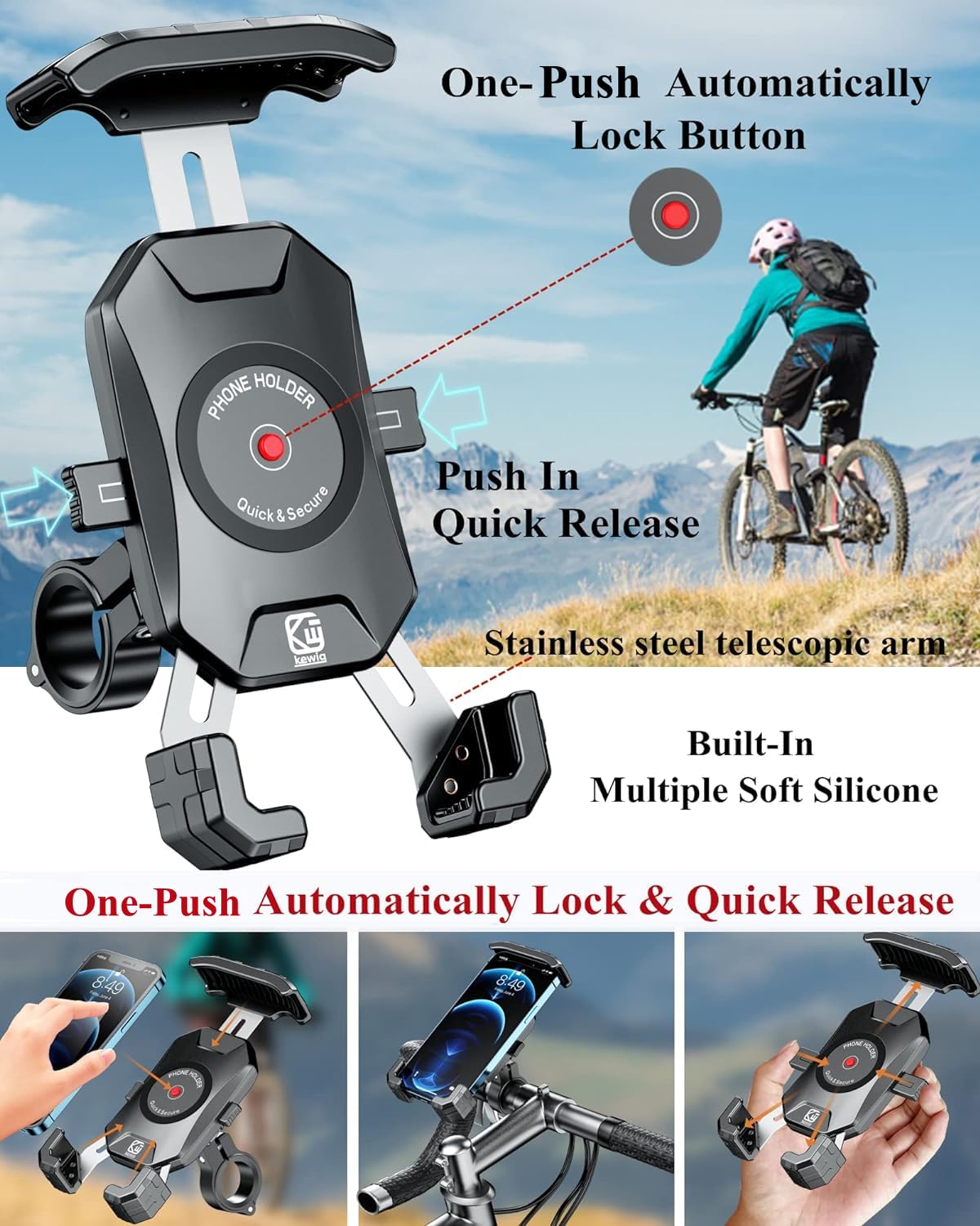 BRCOVAN Handyhalterung Motorrad, Handyhalter Fahrrad, Knopf-Automatikverriegelung 360 Drehung Outdoor Lenker Handy Halterung für 4-7 Zoll Smartphone