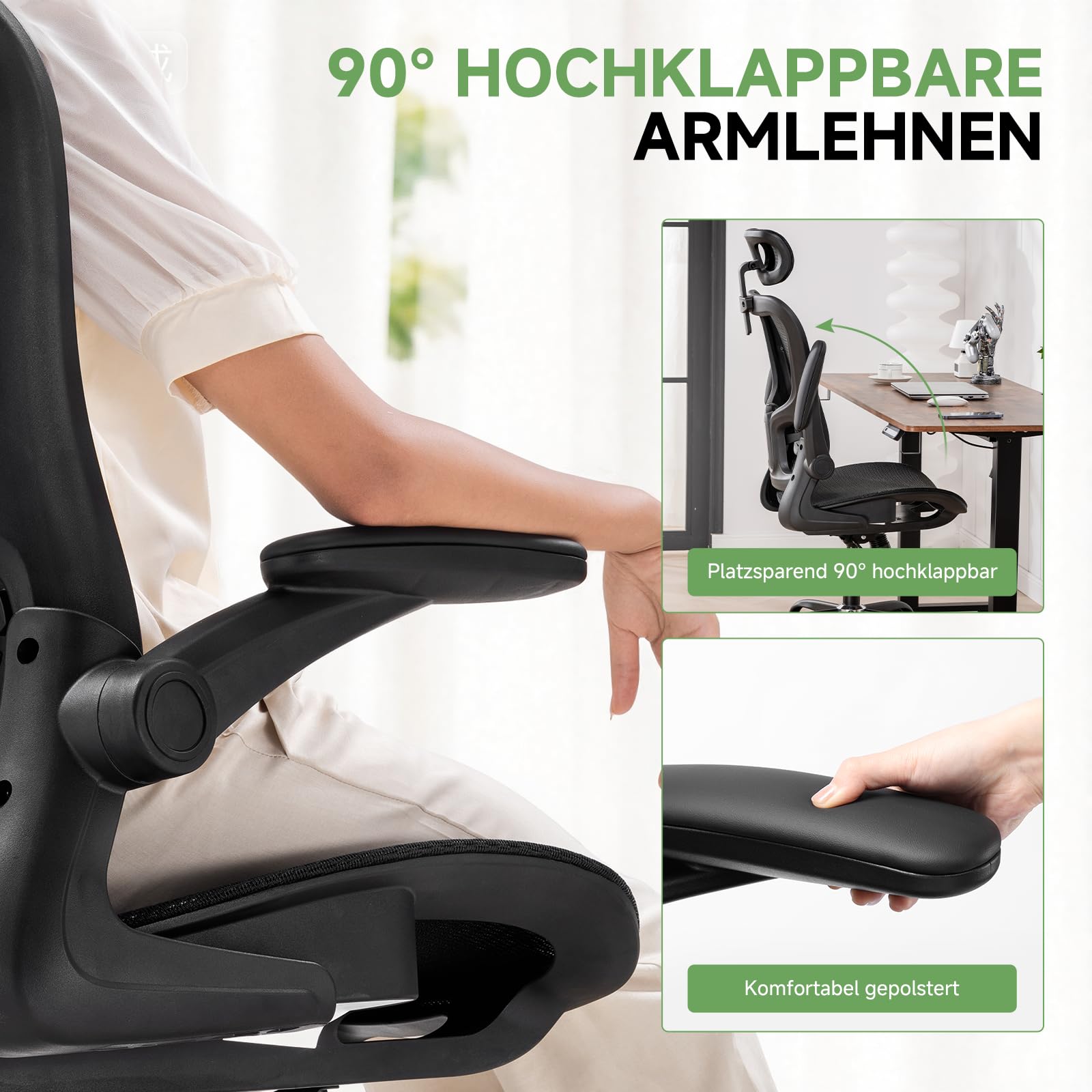 GTPLAYER Bürostuhl Ergonomisch, Schreibtischstuhl mit Verstellbarer Kopfstütze, Armlehnen, Lendenwirbelstütze, Büro Stuhl & Gaming Stuhl Wippfunktion, Chefsessel aus Mesh, 150kg(Schwarz)