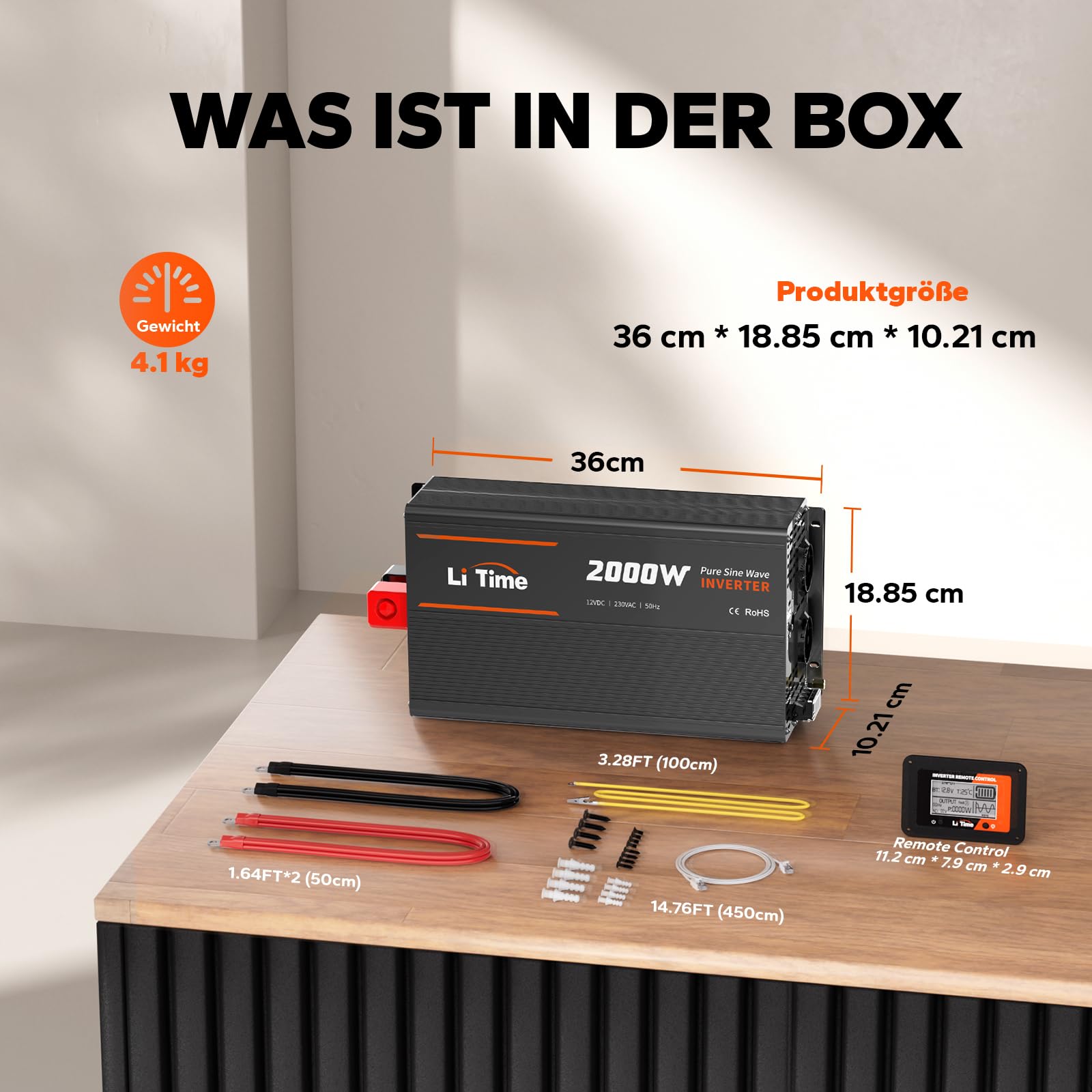 LiTime 2000W Reiner Sinsuswellen Wechselrichter, 12V DC auf 230V AC Konverter, mit Fernbedienung, 4000W Spitzenleistung, 2*AC Ausgängen, USB-Anschluss, Typ-C-Anschluss für Womo, Camping, Solarstrom