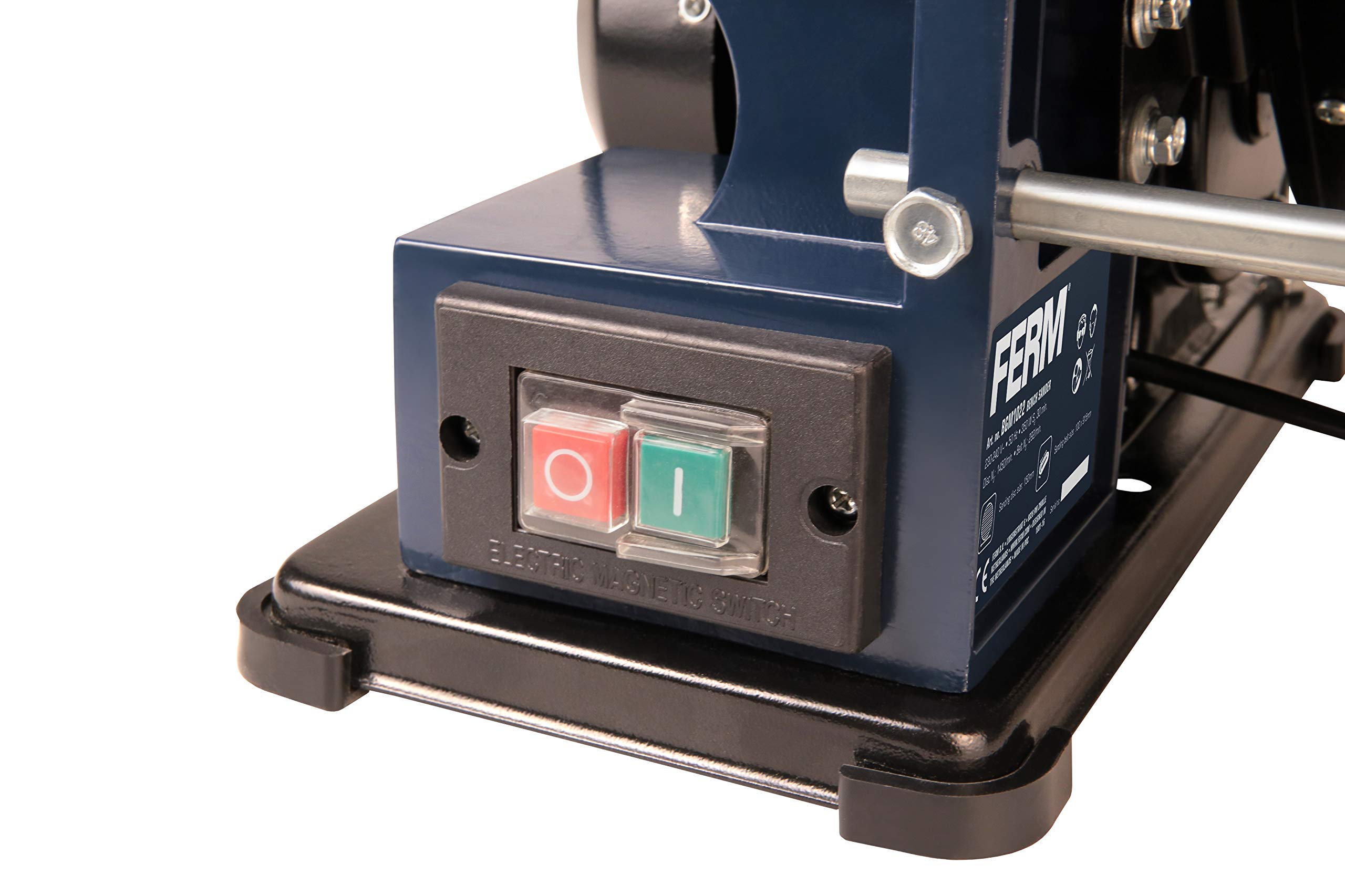 Ferm Bandschleifmaschine – 350W – 150mm - einschl. 2 Schleifbänder (P80 & P120) und 2 Schleifscheiben (P80 & P120), BGM1022