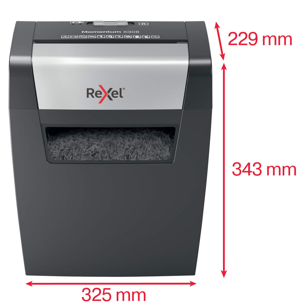 Rexel Aktenvernichter Momentum X308, Partikelschnitt, 9-8 Blatt A4 (70-80 g/m²) Kapazität, Sicherheitsstufe P3, 15L Abfallbehälter, Schredder, schwarz, 2104570EU