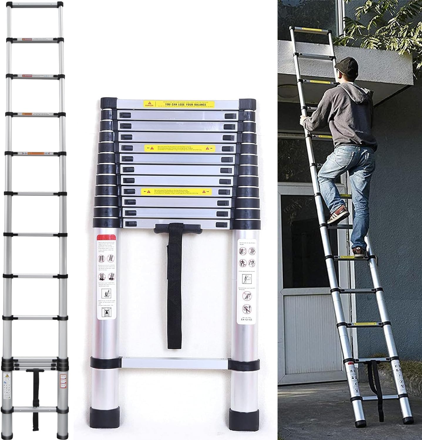 Teleskopleiter 5M, Aluleiter Klappleiter Mehrzweckleiter Rutschfester Ausziehleiter Ausziehbare Leiter Sprossenleiter Stehleiter Tragbar Leichte Leiter Schiebeleiter 150 kg Belastbarkeit