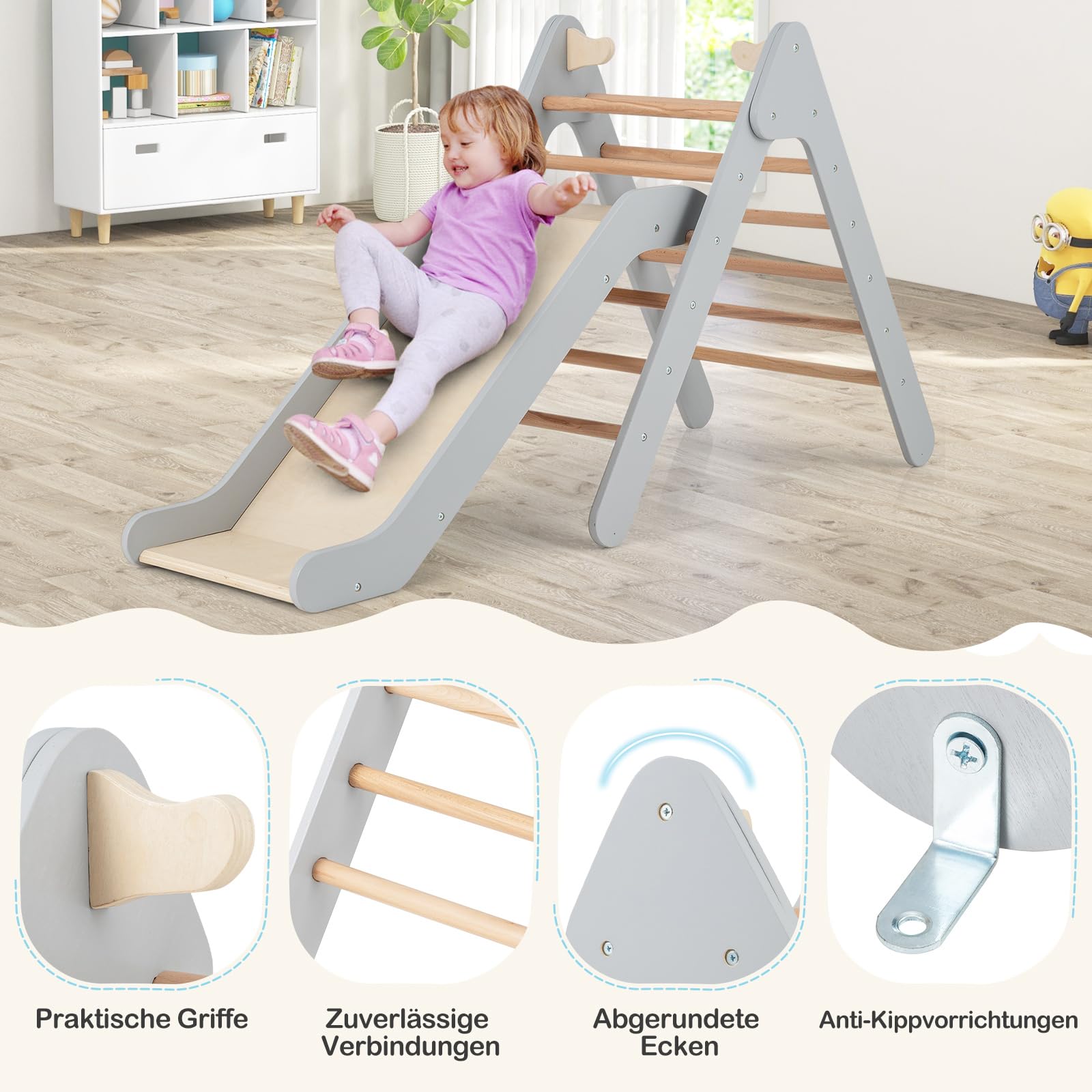 COSTWAY Kletterdreieck mit Rutsche, Klettergerüst aus Holz, Sprossendreieck zum Rutschen und Klettern, für Kinder ab 1 Jahre (Grau)