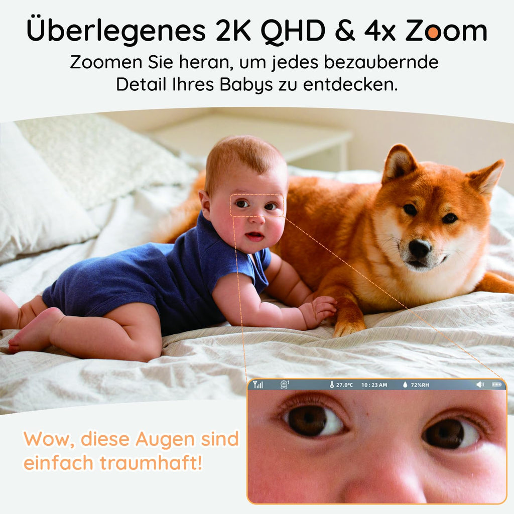 Boifun Babyphone mit Kamera & 2K/3MP APP Steuerung, 5" WLAN Video Babyfone, 360 Grad IR-HDR Nachtsicht, Weinen-/Bewegungs-/Geräusch-/Temperaturüberwachung, Automatische Verfolgung, 3000mAh Akku