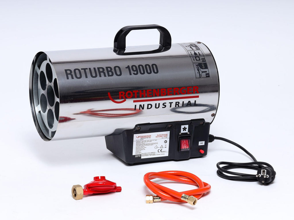 Rothenberger Industrial Gas Heiz Kanone/Gebläse RoTurbo 19000 inkl. Piezo-Zündung | Schlauch 1 m und Regler 300mbar | 18,2 kW | Thermosicherung | wettergeschützter Außenbereich | 1500000051