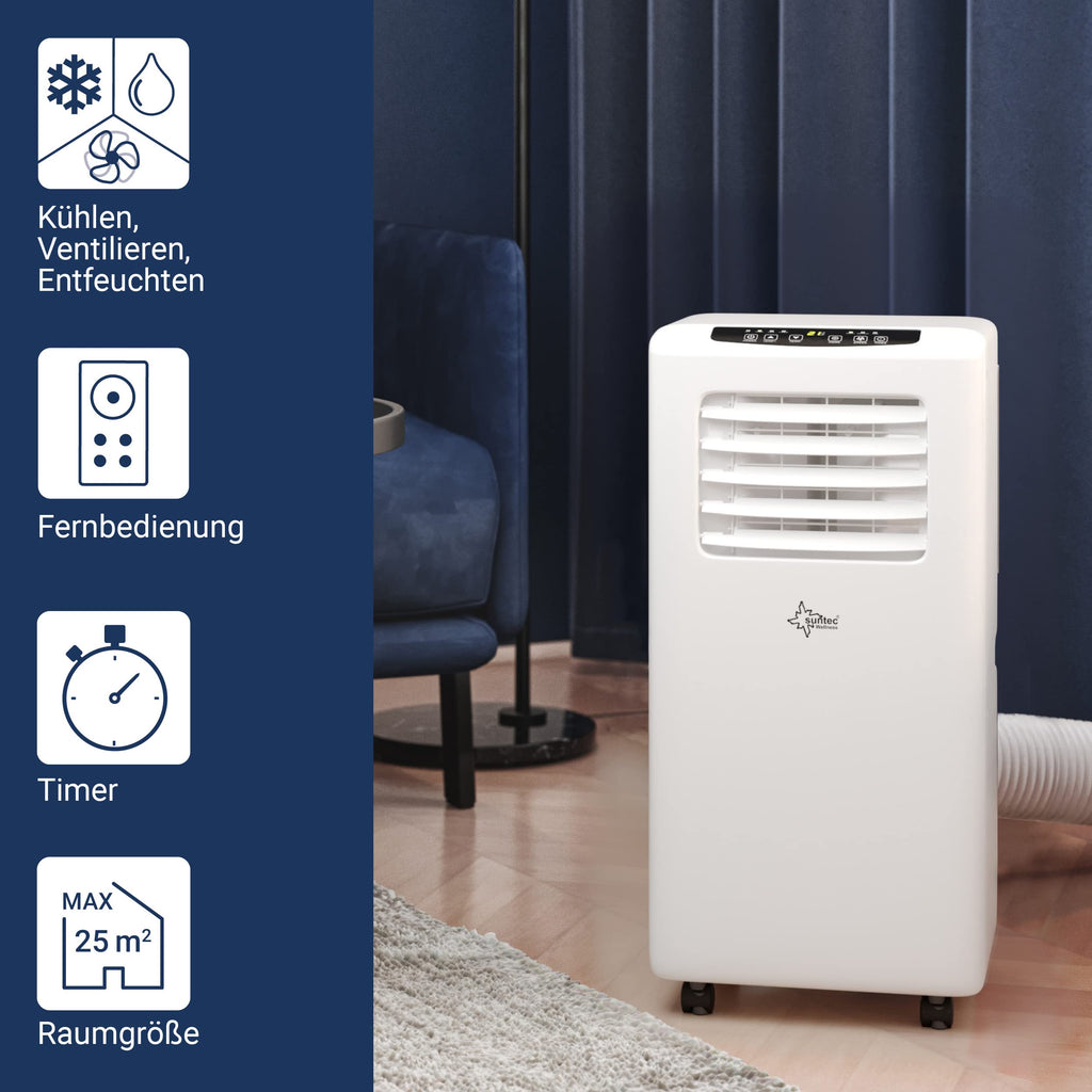 SUNTEC Mobiles Klimagerät Impuls 2.0 Eco R290 – Klimaanlage mobil und leise mit Abluftschlauch – Kühler & Entfeuchter für Räume bis 25 qm – Mobile Kühlung für Wohnung & Büro – 7.000 BTU – 2050 Watt