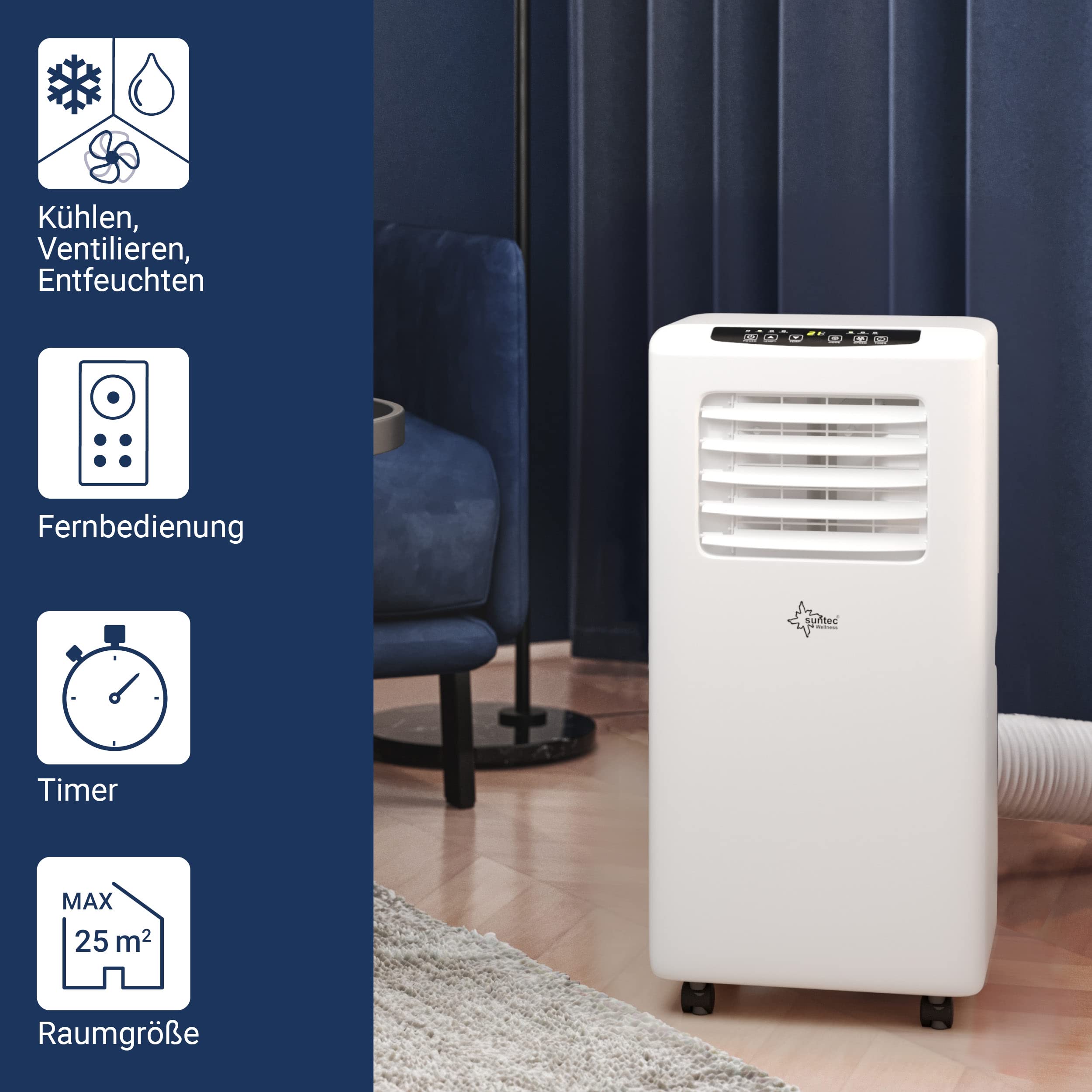 SUNTEC Mobiles Klimagerät Impuls 2.0 Eco R290 – Klimaanlage mobil und leise mit Abluftschlauch – Kühler & Entfeuchter für Räume bis 25 qm – Mobile Kühlung für Wohnung & Büro – 7.000 BTU – 2050 Watt