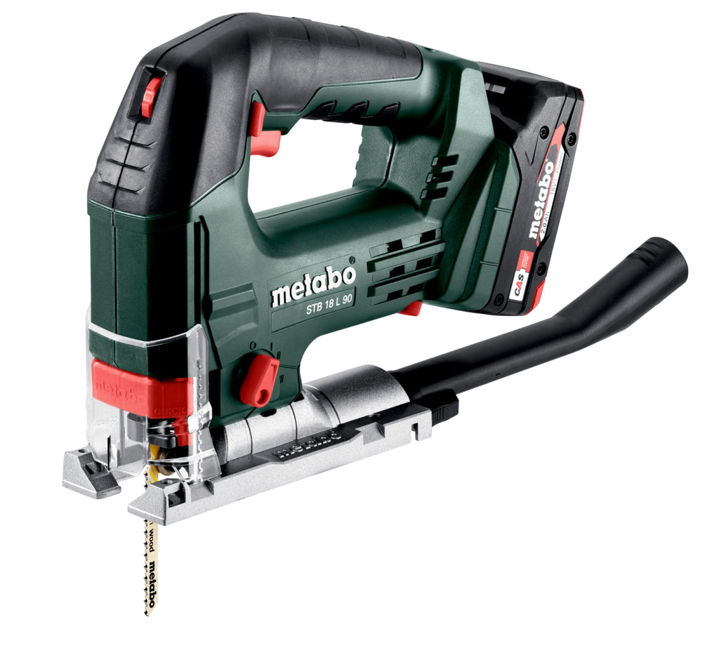 metabo Akku-Stichsäge STB 18 L 90-18 V, CAS, 90 mm Schnitttiefe, 4-fach Pendelhub - Werkzeugloser Sägeblattwechsel, Softgrip, Späneblasfunktion, LED-Licht, Absaugung, für Holz, Metall & Kunststoff