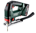 metabo Akku-Stichsäge STB 18 L 90-18 V, CAS, 90 mm Schnitttiefe, 4-fach Pendelhub - Werkzeugloser Sägeblattwechsel, Softgrip, Späneblasfunktion, LED-Licht, Absaugung, für Holz, Metall & Kunststoff