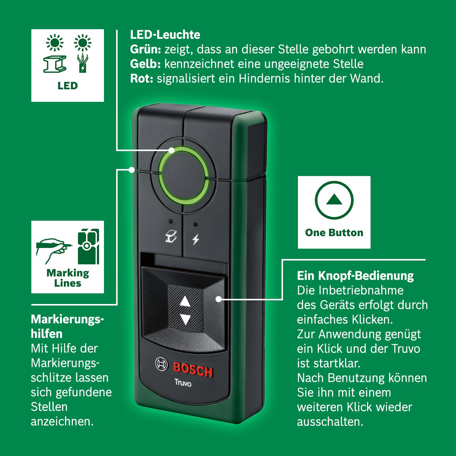 Bosch Ortungsgerät Truvo der 2. Generation (einfache Ein-Knopf-Bedienung, einfaches Orten von stromführenden Kabeln und Metallobjekten, Wandscanner bis 70mm, im E-Commerce Karton)