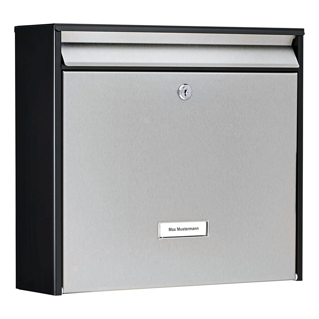 Burg-Wächter Briefkasten Edelstahl mit Namensschild, A4 Einwurf-Format, Verzinktes Stahlgehäuse anthrazit beschichtet mit Edelstahl Tür, Oxford-Set 6877 B+S, Mattschwarz