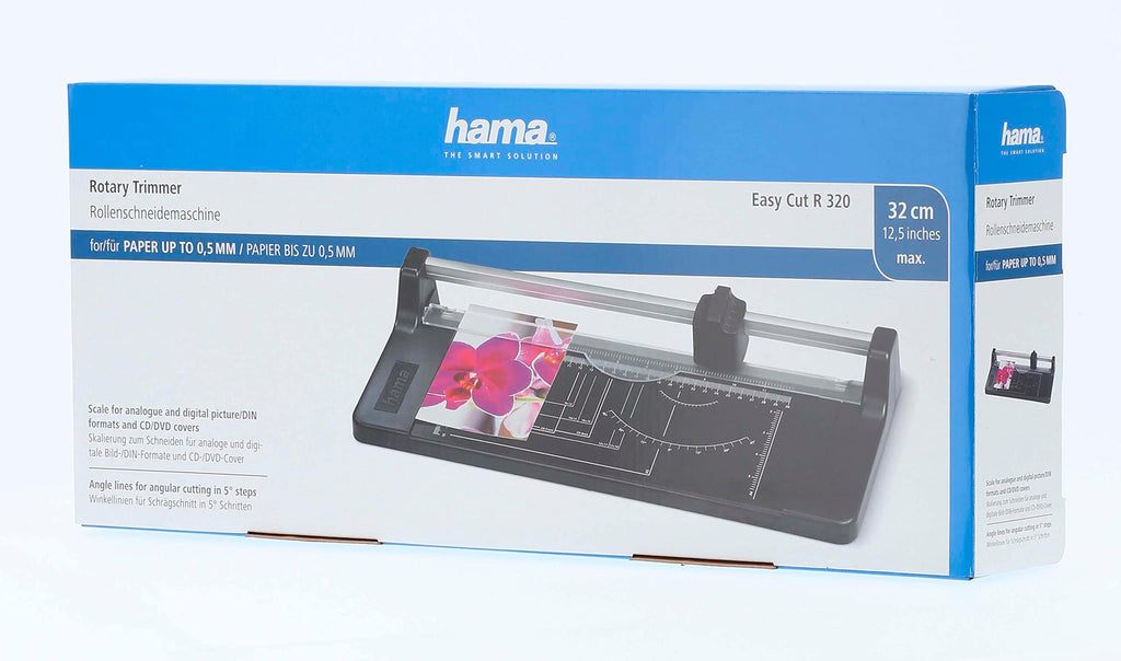 Hama Papierschneider mit Rollklinge (Schneidemaschine mit 5 Blatt Schneidleistung, Schneidegerät bis DIN A4, Rollenschneidemaschine für Papier, Folie und Fotos) schwarz
