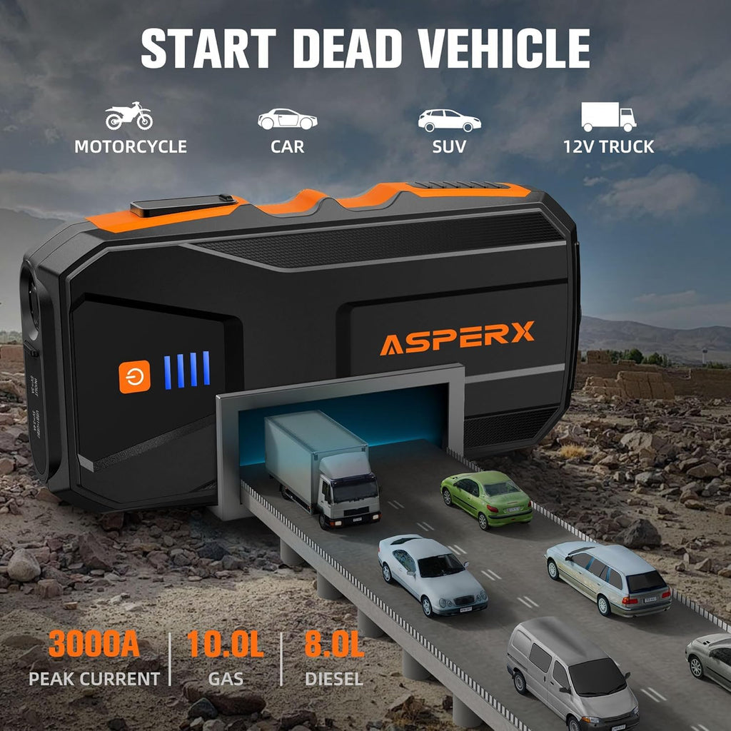 AsperX Starthilfe Powerbank 3000A 12V(Bis Zu 10,0L Benzin oder 8,0L Diesel) Auto Starthilfe mit Starthilfekabel,LED Taschenlampe,IP64 Wasserdicht,Jump Starter für PKW LKW UTV Van Motorrad