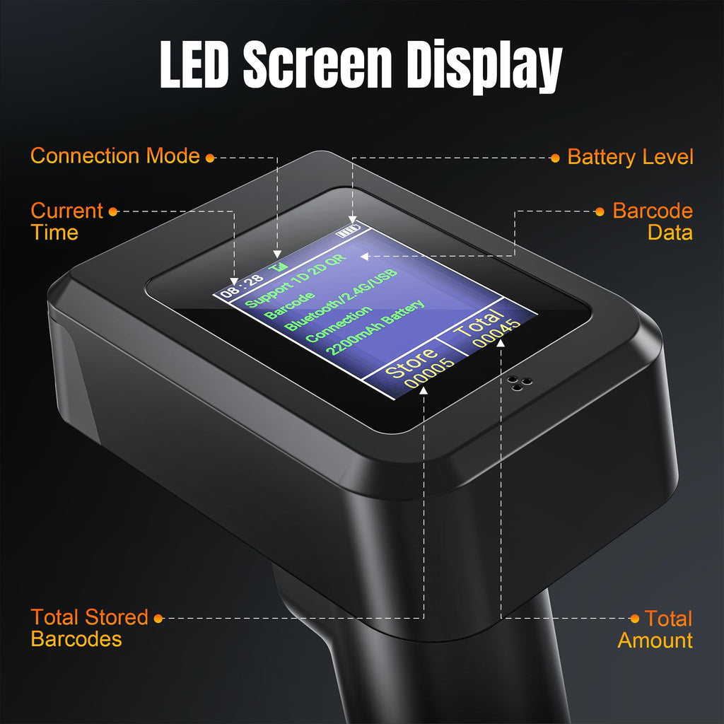 Tera 2D HW006 Barcode-Scanner, kabellos, QR-Code-Scanner mit Bluetooth, Zeitanzeige, Bildschirm, Batteriestandsanzeige Ladestation, Patentnummer 90078251950003