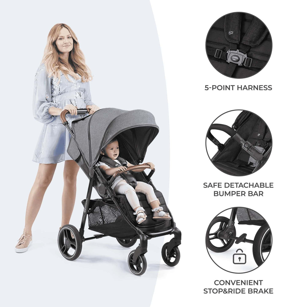 Kinderkraft GRANDE PLUS Kinderkraft buggy von Geburt bis 22 kg, Zusammenklappen mit einer Hand, Liegeposition, großes Verdeck mit Fenster, alle 4 Räder gedämpft, geräumige Sitz, Schwarz