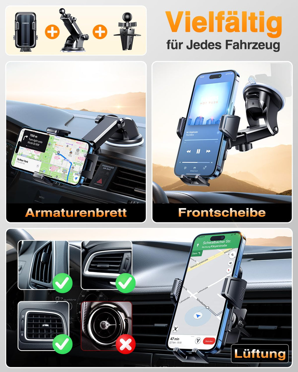 VANMASS 2026【True Militär-Klasse】Handyhalterung Auto【Stärkste Saugnapf & Lüftungsclip 】4 in 1 Handy Halterung Auto Handyhalter 360° drehbar Autohalter für iPhone 17 Pro Max/17 Air/16/15/14 Samsung S25
