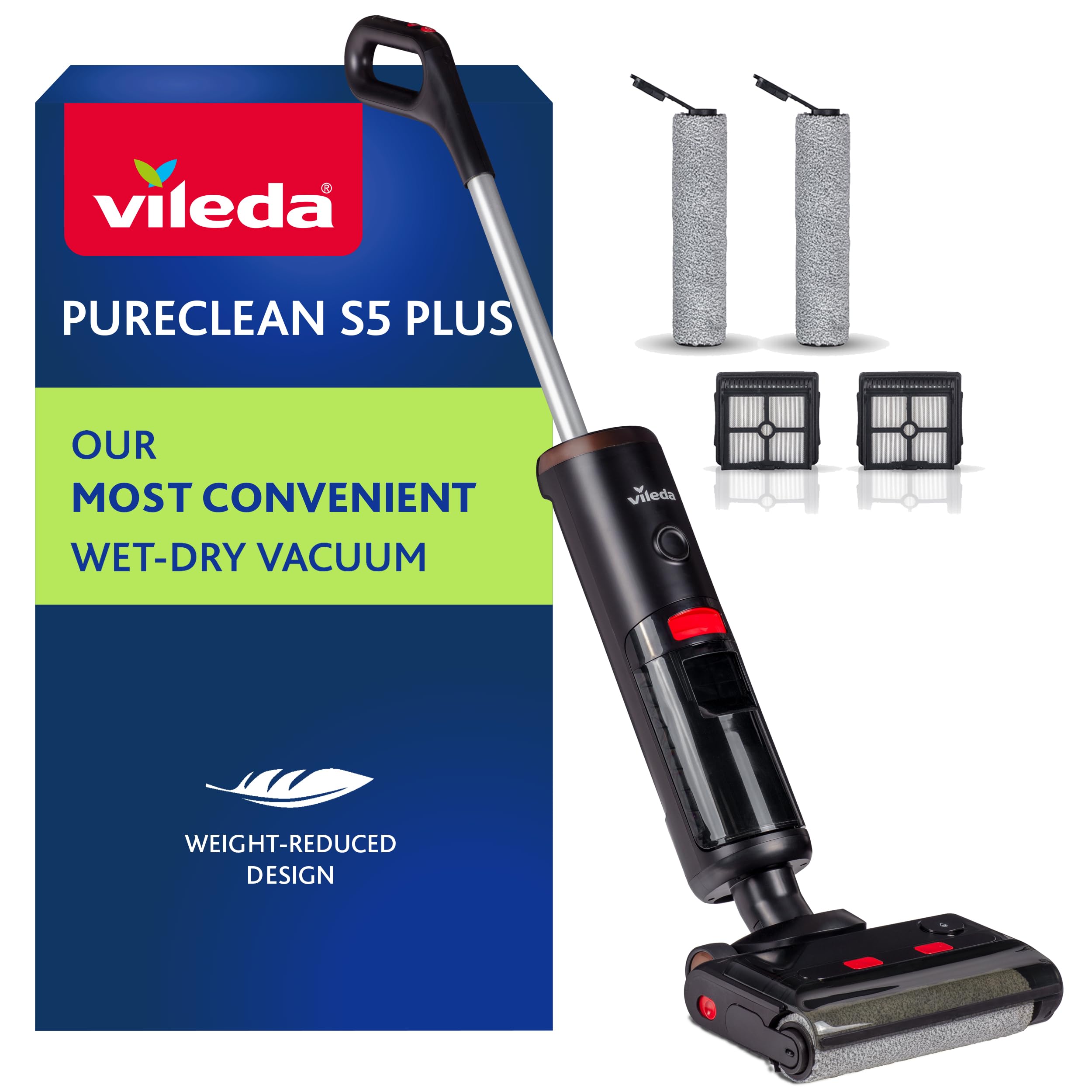 Vileda PureClean S5 Nass-Trockensauger mit Zubehör (2 Rollen, 2 Filter) | Kabelloser Akku Saugwischer mit Doppeltank & 100% Wassertrennung - Leicht, für alle Böden | 180m² mit 30Min Akkulaufzeit