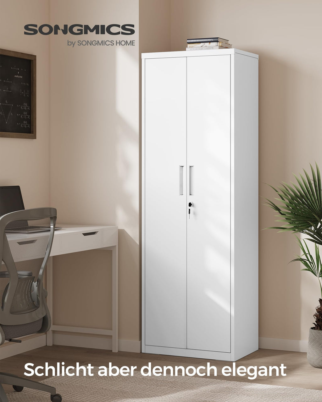 SONGMICS Aktenschrank, Mehrzweckschrank, Aufbewahrungsschrank, 5 Ebenen, 40 x 60 x 180 cm, Doppeltüren, Schloss, Werkzeug, verstellbare Ablagen, Garage, Büro, Wohnzimmer, mattweiß OMC014W01