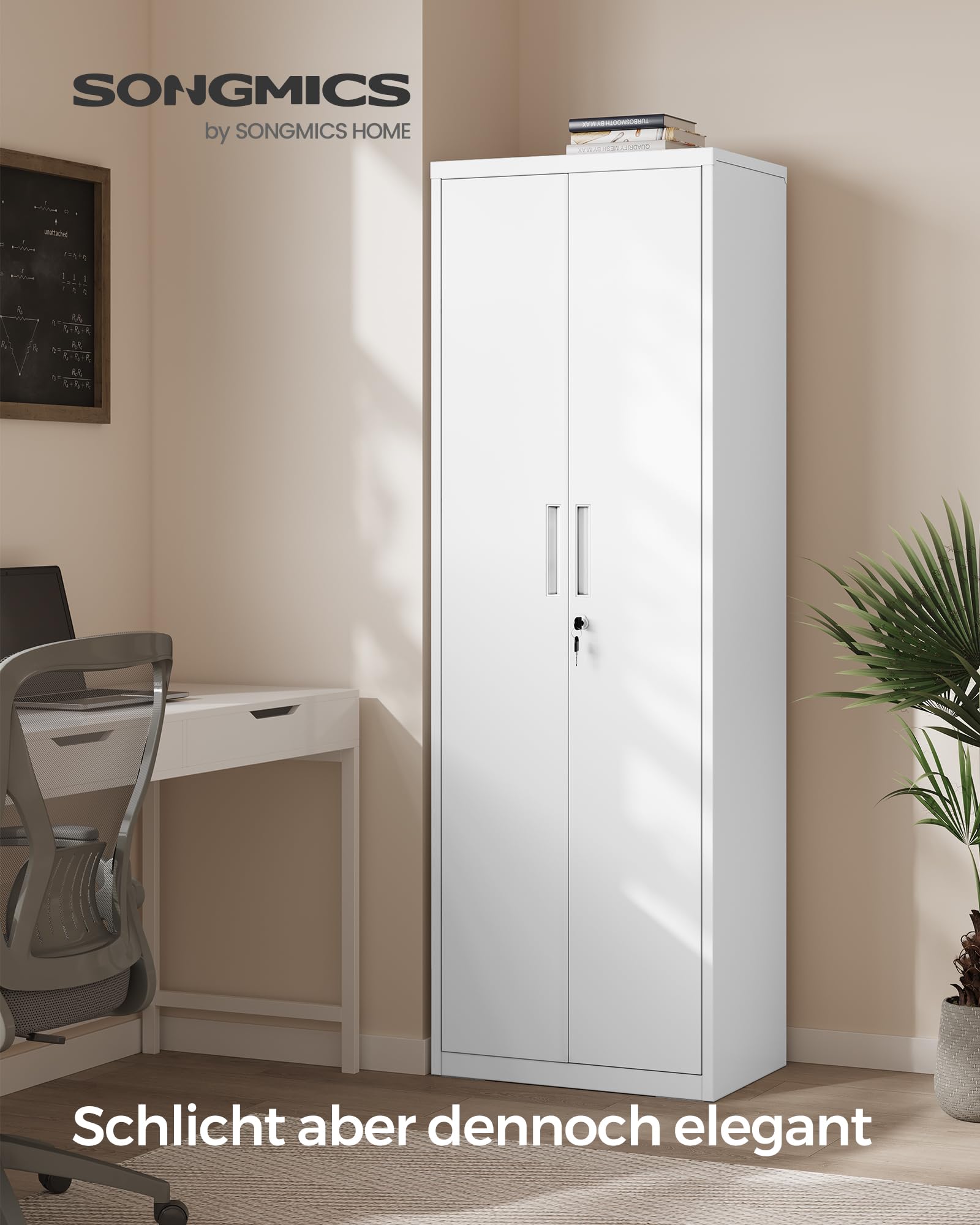 SONGMICS Aktenschrank, Mehrzweckschrank, Aufbewahrungsschrank, 5 Ebenen, 40 x 60 x 180 cm, Doppeltüren, Schloss, Werkzeug, verstellbare Ablagen, Garage, Büro, Wohnzimmer, mattweiß OMC014W01