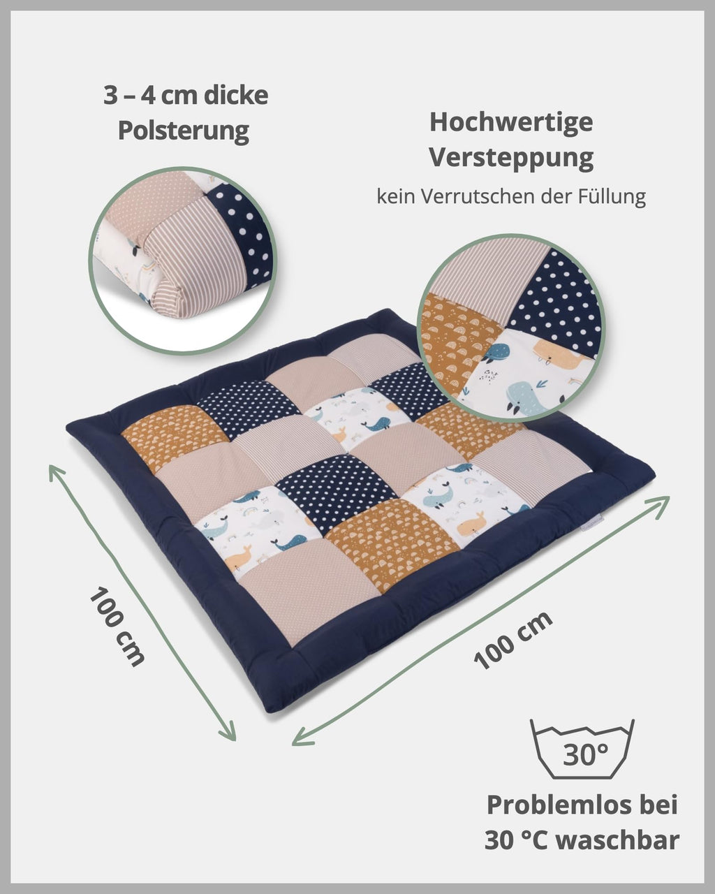 ULLENBOOM Krabbeldecke für Baby 100x100 cm, 100% Oeko-TEX Materialien, Made in EU, Dick & weich gepolstert, Wale - ideal als Babydecke, Laufgittereinlage & Spieldecke Baby