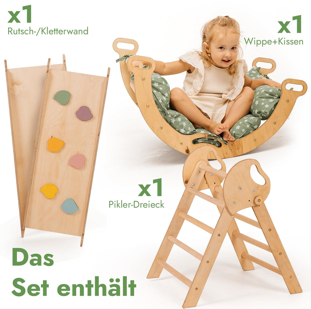 Goodevas 5-in-1 Montessori Klettergerüst Set: Indoor Kletterdreieck, Kletterbogen mit Kissen, und Rutsche für Kinder, Indoor Spielplatz 1-3 Jahre