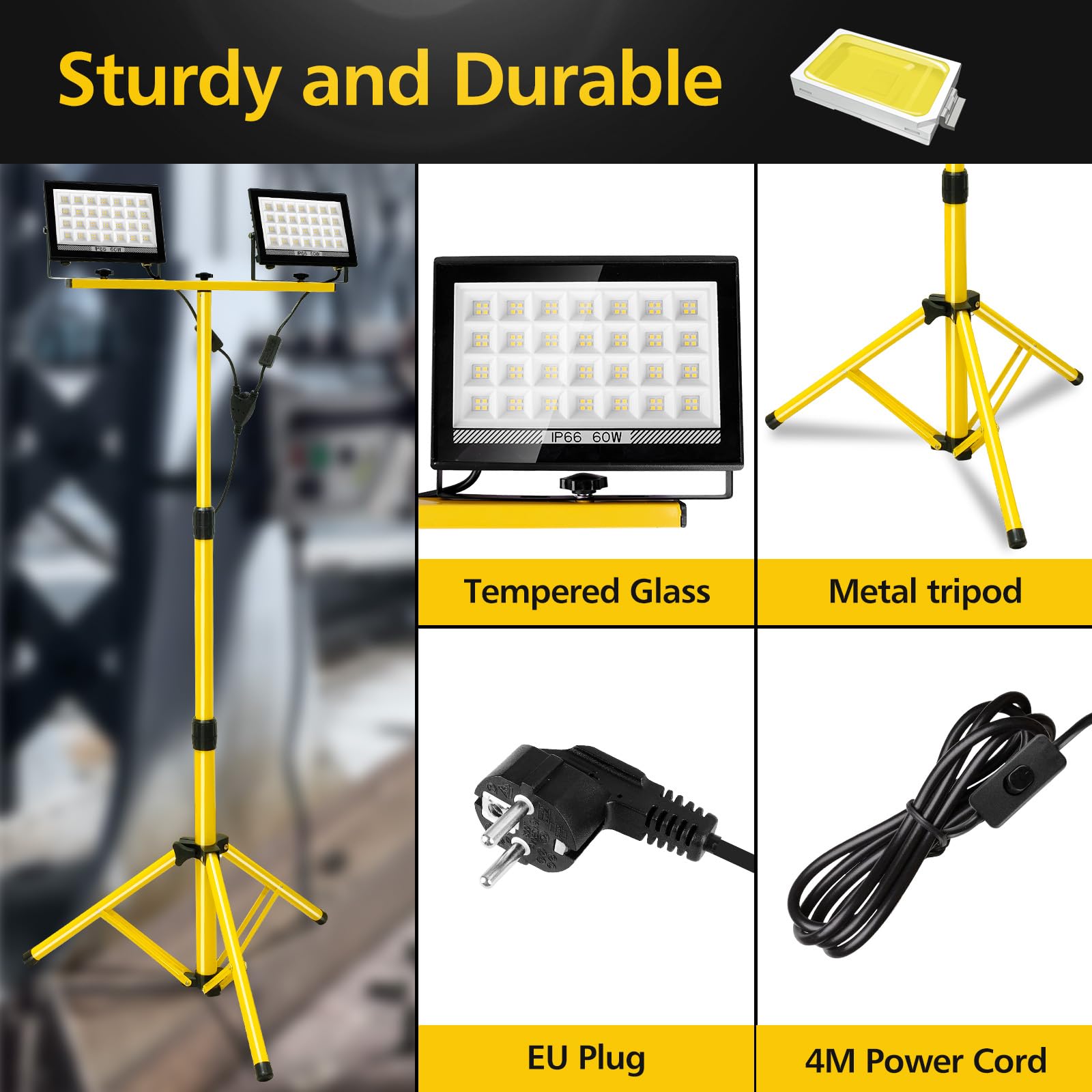 LED Baustrahler 2x60W mit Verstellbarer Stativ, T-SUN 6000K Kaltweiß LED Strahler Arbeitsstrahler mit 4M Kabel Stecker, Tragbar Baulampe Arbeitsscheinwerfer Wasserdicht IP66 für Werkstatt Garage