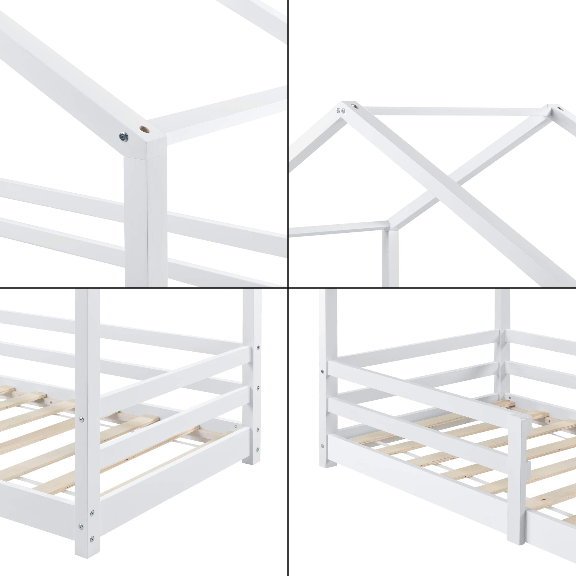 [en.casa] Kinderbett Knätten Hausbett Bodenbett 90 x 200 cm Holzbett für Kinder mit Rausfallschutz Bettgestell mit Lattenrost Kiefernholz Weiß