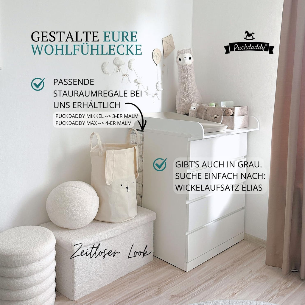 Puckdaddy® Moritz | Wickelaufsatz für IKEA Malm Kommode u.Ä. | weiß | 80x78x10 cm | Wickelauflage aus MDF-Holz | hochwertiger Premium Aufsatz als Wickelkommode | inkl. Montagematerial zur Wandmontage