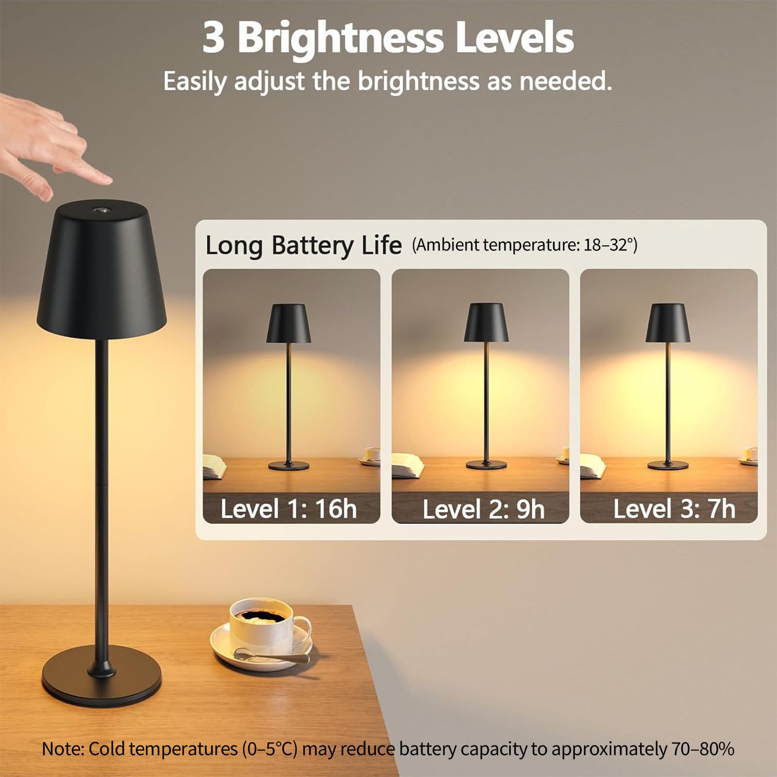 UPXNBOR LED Tischlampe Kabellos 2 Stück, Dimmbare Nachttischlampe Touch, Akku Tischleuchte Kabellos, Indoor Outdoor Tischlampe Akku, 3-stufig Warmlicht, IP54 Wasserdicht, Vollmetallgehäuse, Schwarz