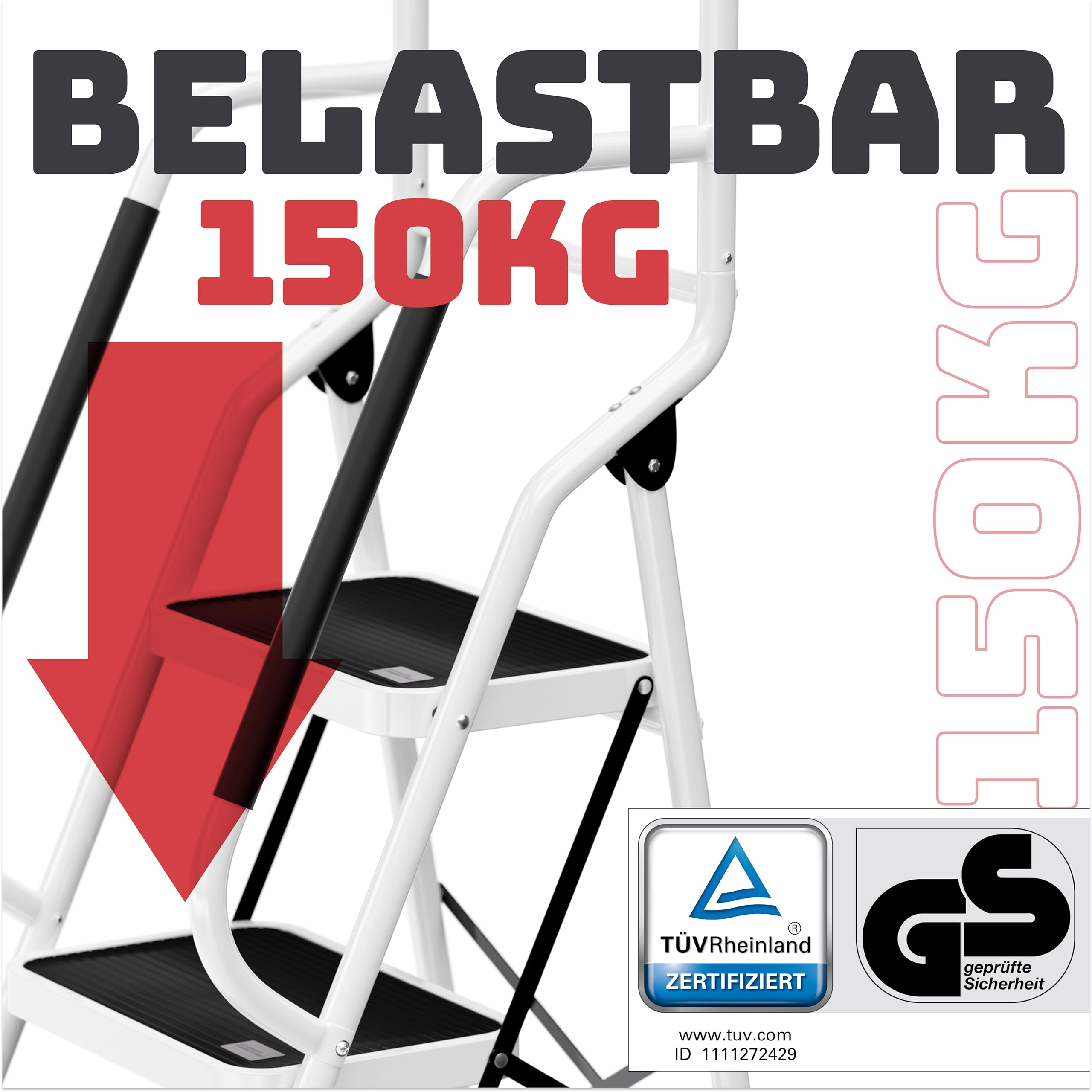 Sicherheitsleiter 4 Stufen Klappbar I TÜV Rheinland Zertifiziert I Belastbar bis 150kg I Anti-Rutsch-Füße und Trittstufen I Trittleiter mit Handlauf I Sicherheitsleiter für Senioren I Weiß