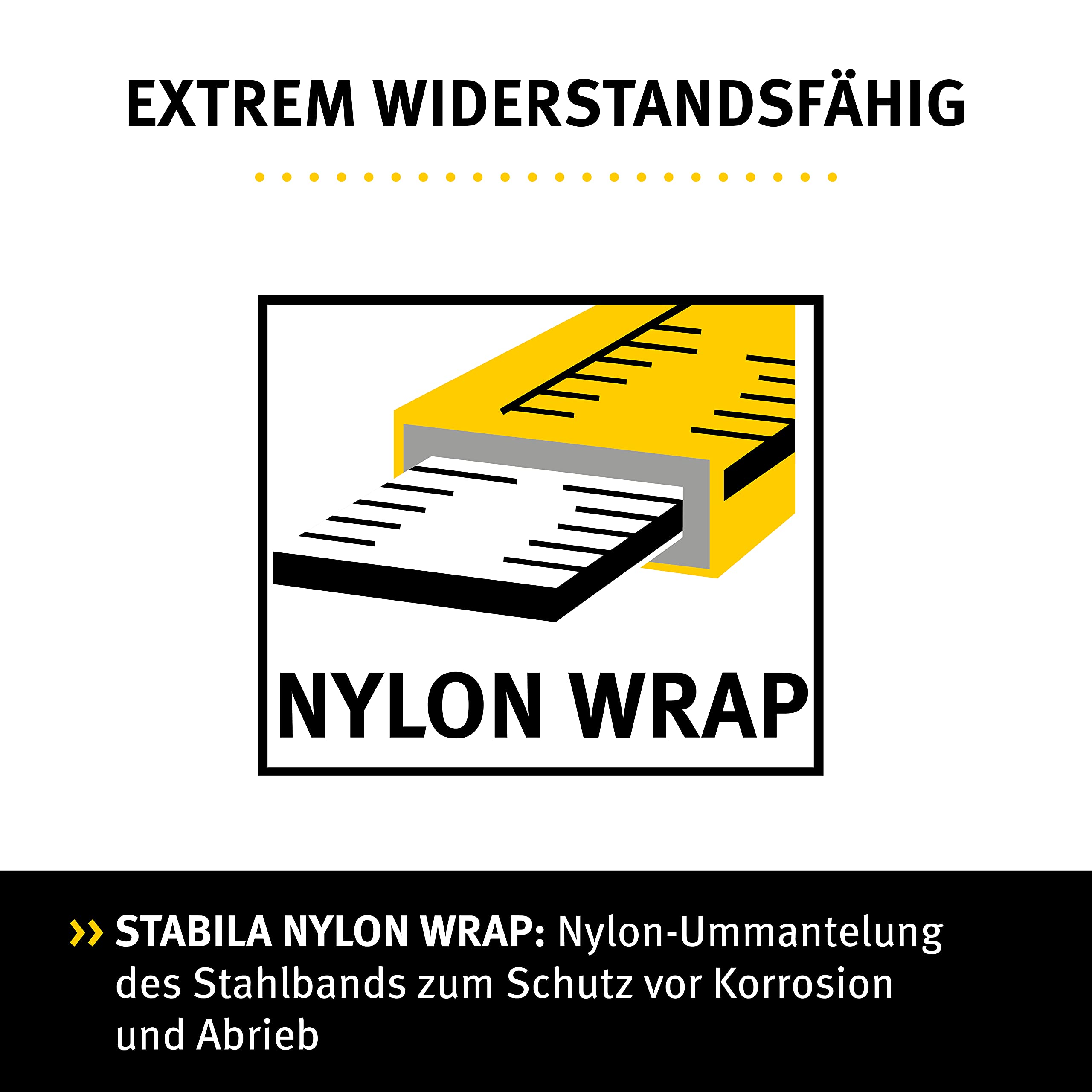Stabila Rahmenbandmaß LBM 1000 STEEL, 50 m, Stahl-Messband mit metrischer Skala und NYLON-WRAP-Ummantelung, Universalhaken, bruchsicherer Rahmen, MID-Genauigkeit, LBM 1000, 50 m, Schwarz/Gelb